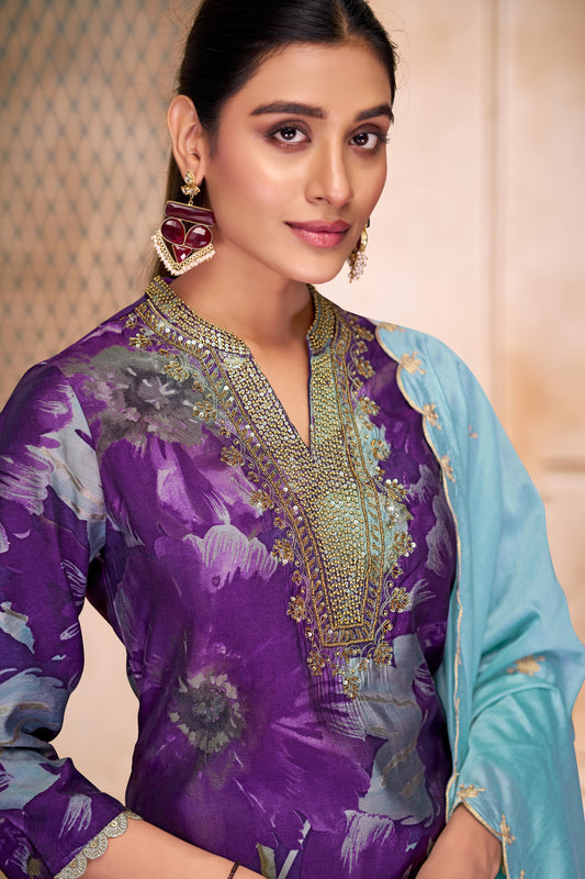 Shehnaaz Purple Hand Bead, Sequins & Zari Embellished Neckline Suit Set in Chanderi Silk with Pure Cotton Mul Lining