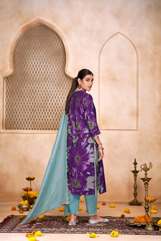 Shehnaaz Purple Hand Bead, Sequins & Zari Embellished Neckline Suit Set in Chanderi Silk with Pure Cotton Mul Lining