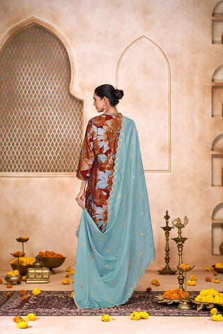 Shehnaaz Rust Hand Bead, Sequins & Zari Embellished Neckline Suit Set in Chanderi Silk with Pure Cotton Mul Lining