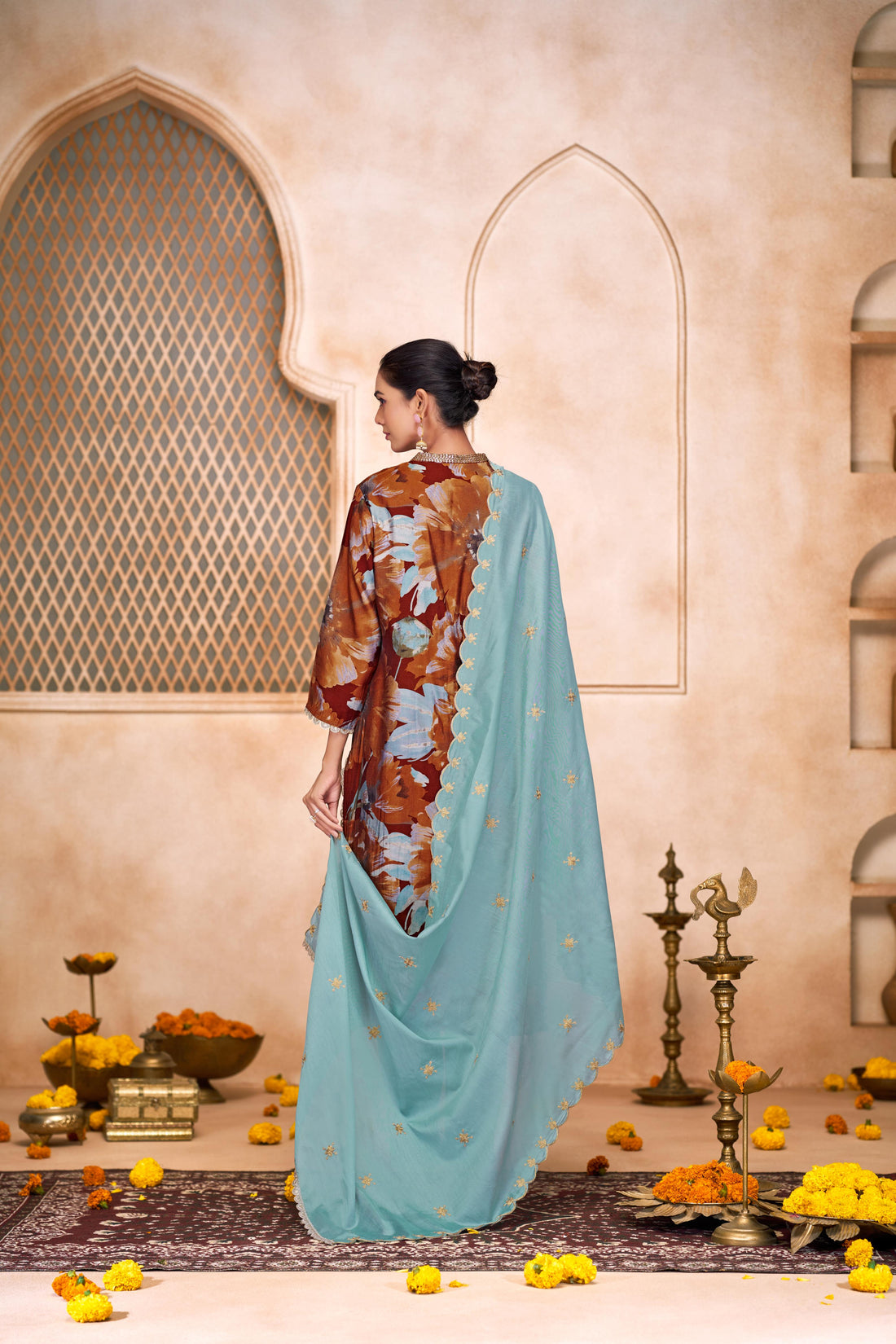 Shehnaaz Rust Hand Bead, Sequins & Zari Embellished Neckline Suit Set in Chanderi Silk with Pure Cotton Mul Lining