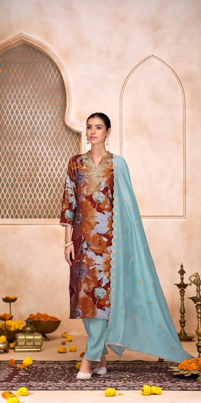 Shehnaaz Rust Hand Work Kurta Set With Dupatta