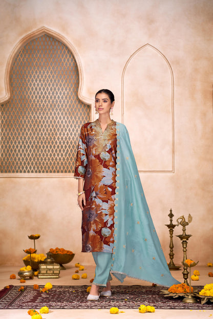Shehnaaz Rust Hand Bead, Sequins & Zari Embellished Neckline Suit Set in Chanderi Silk with Pure Cotton Mul Lining