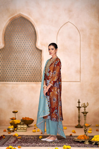 Shehnaaz Rust Hand Bead, Sequins & Zari Embellished Neckline Suit Set in Chanderi Silk with Pure Cotton Mul Lining