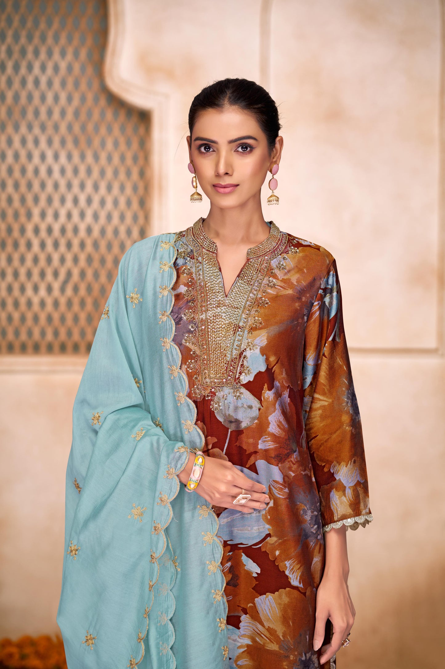 Shehnaaz Rust Hand Work Kurta Set With Dupatta
