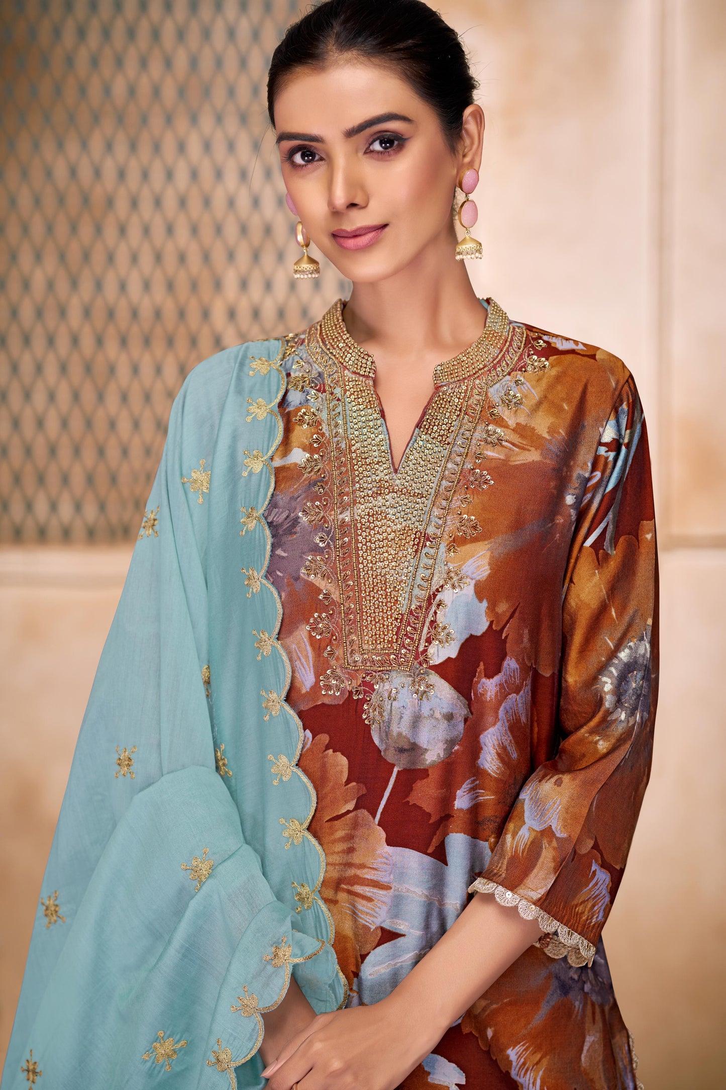 Shehnaaz Rust Hand Work Kurta Set With Dupatta