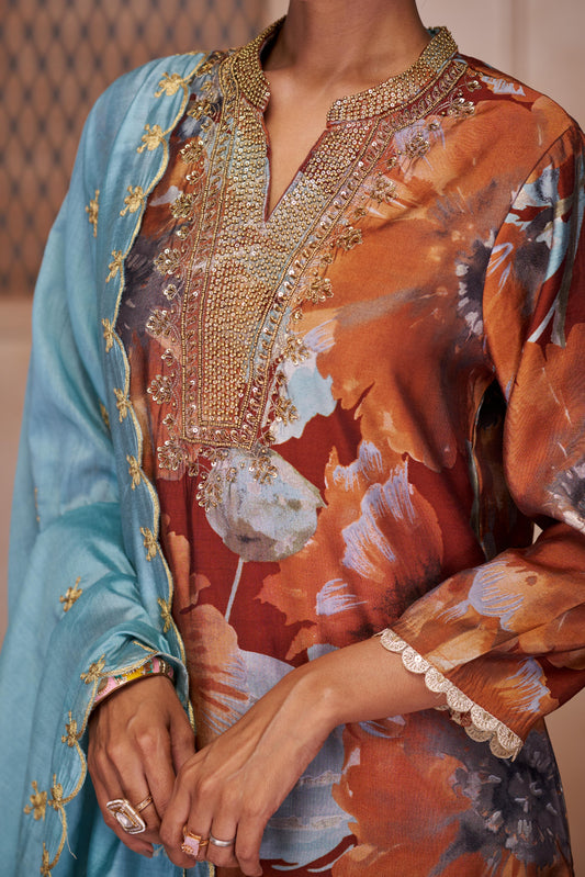 Shehnaaz Rust Hand Bead, Sequins & Zari Embellished Neckline Suit Set in Chanderi Silk with Pure Cotton Mul Lining