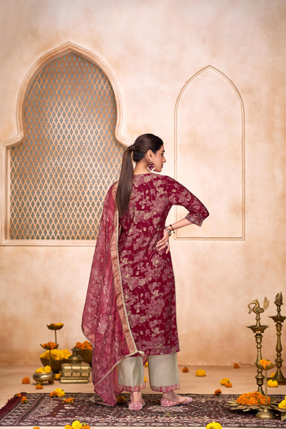 Shehnaaz Maroon Hand Embellished Zari, Sequins & Moti Neck Work Suit Set with Tassel Detail in Chanderi Silk with Pure Cotton Mul Lining