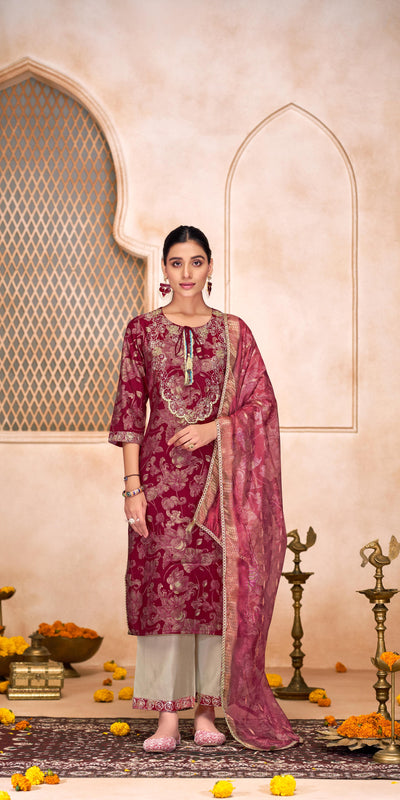 Shehnaaz Maroon Hand Work Kurta Set With Dupatta
