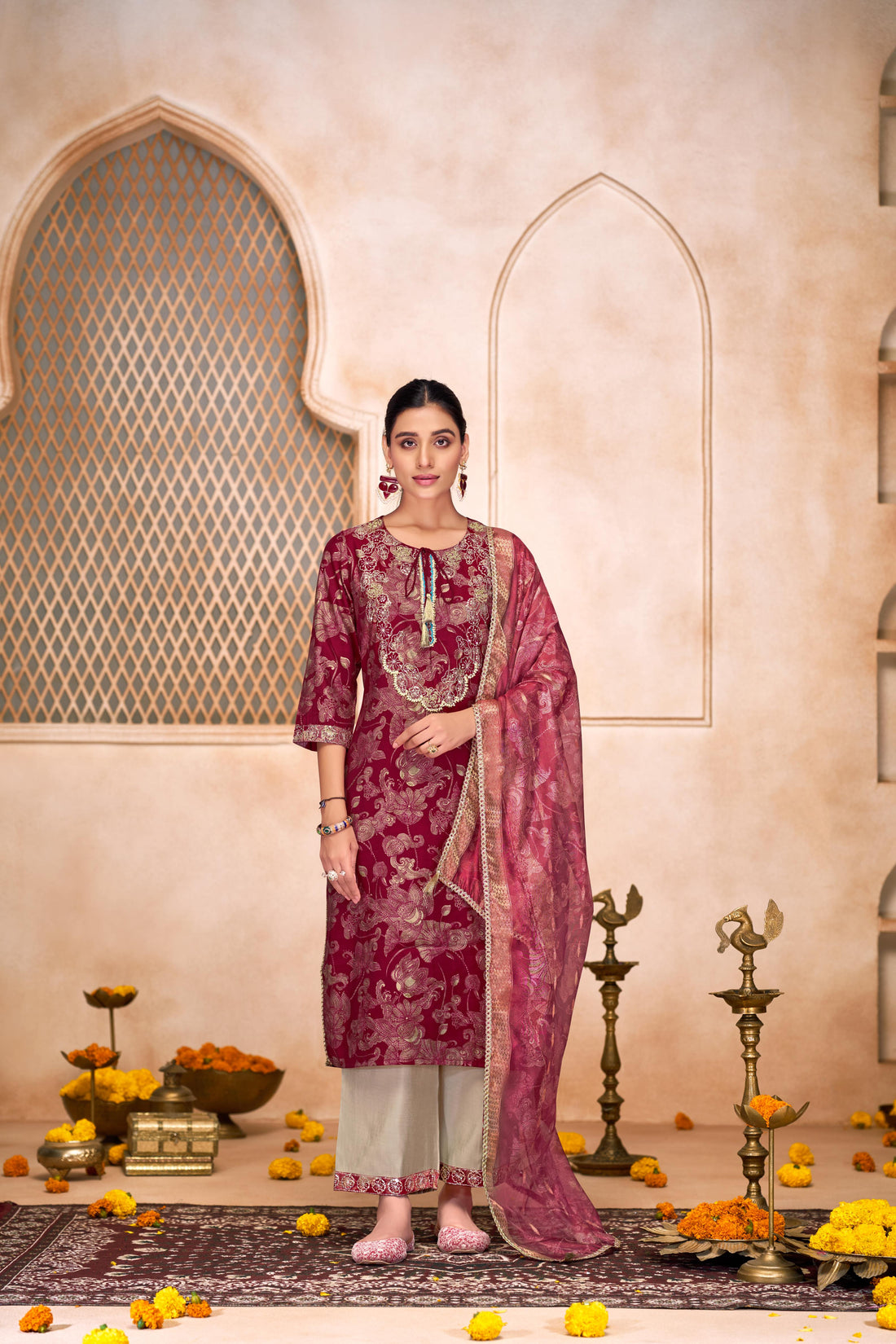 Shehnaaz Maroon Hand Embellished Zari, Sequins & Moti Neck Work Suit Set with Tassel Detail in Chanderi Silk with Pure Cotton Mul Lining