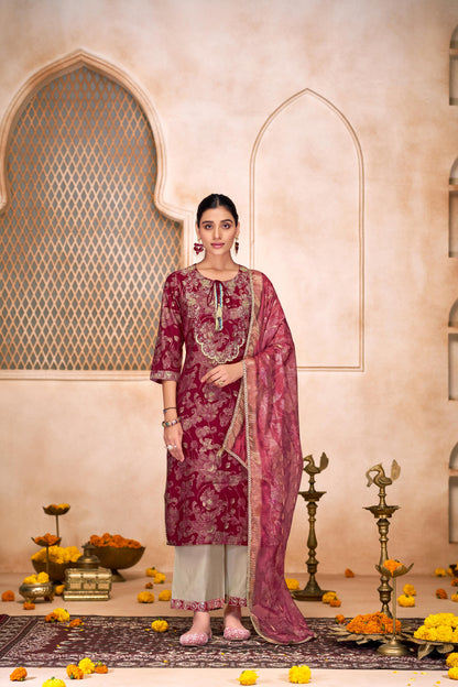 Shehnaaz Maroon Hand Embellished Zari, Sequins & Moti Neck Work Suit Set with Tassel Detail in Chanderi Silk with Pure Cotton Mul Lining