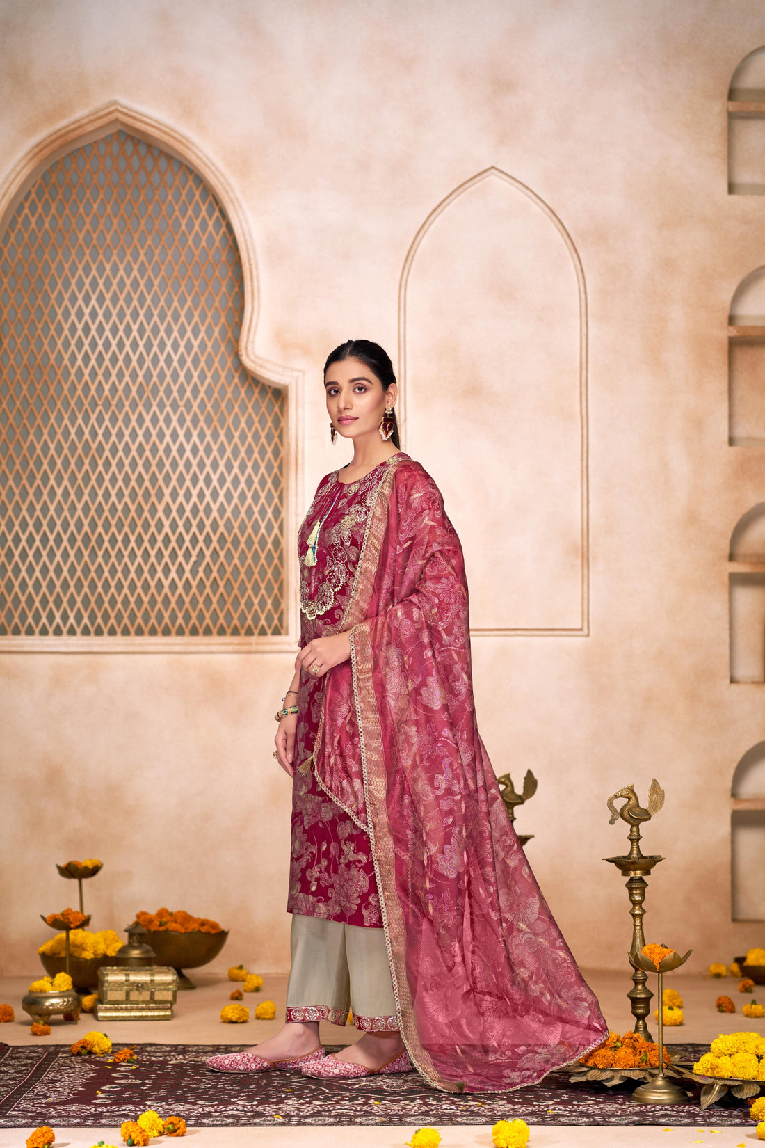 Shehnaaz Maroon Hand Embellished Zari, Sequins & Moti Neck Work Suit Set with Tassel Detail in Chanderi Silk with Pure Cotton Mul Lining