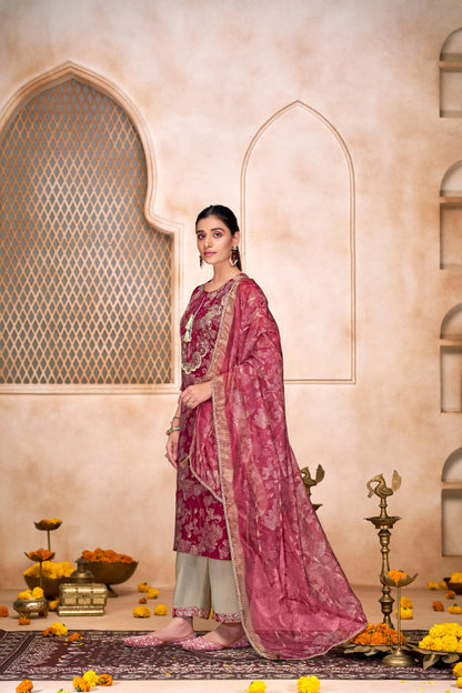 Shehnaaz Maroon Hand Embellished Zari, Sequins & Moti Neck Work Suit Set with Tassel Detail in Chanderi Silk with Pure Cotton Mul Lining