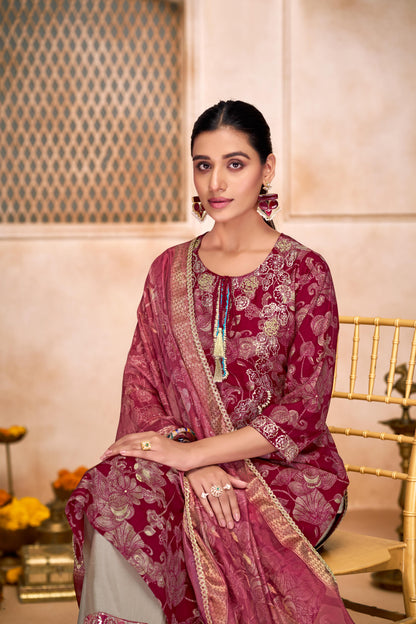 Shehnaaz Maroon Hand Embellished Zari, Sequins & Moti Neck Work Suit Set with Tassel Detail in Chanderi Silk with Pure Cotton Mul Lining