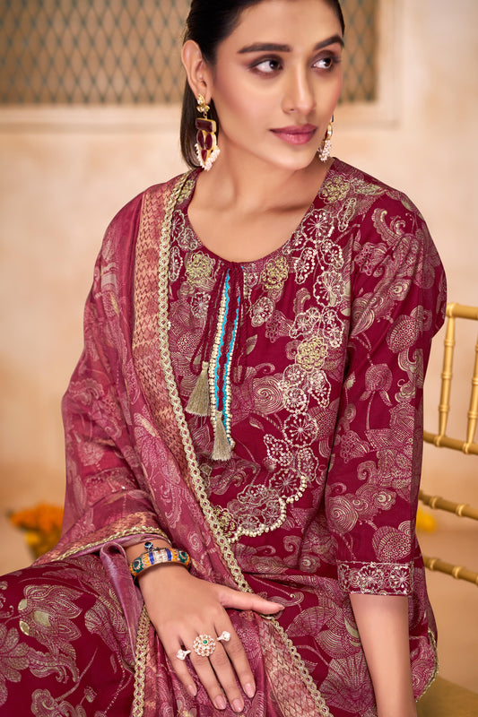 Shehnaaz Maroon Hand Embellished Zari, Sequins & Moti Neck Work Suit Set with Tassel Detail in Chanderi Silk with Pure Cotton Mul Lining