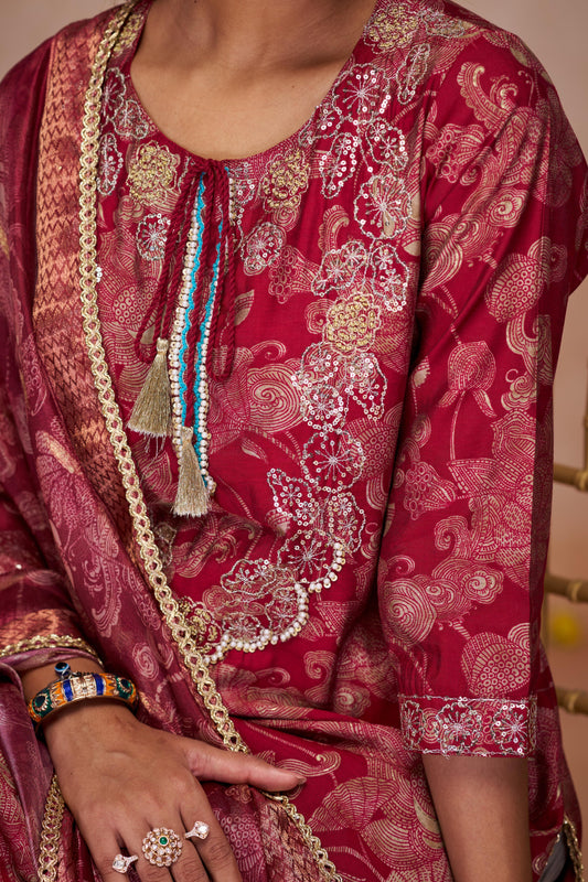 Shehnaaz Maroon Hand Embellished Zari, Sequins & Moti Neck Work Suit Set with Tassel Detail in Chanderi Silk with Pure Cotton Mul Lining