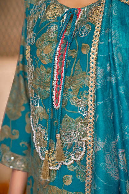 Shehnaaz Rama Hand Embellished Zari, Sequins & Moti Neck Work Suit Set with Tassel Detail in Chanderi Silk with Pure Cotton Mul Lining