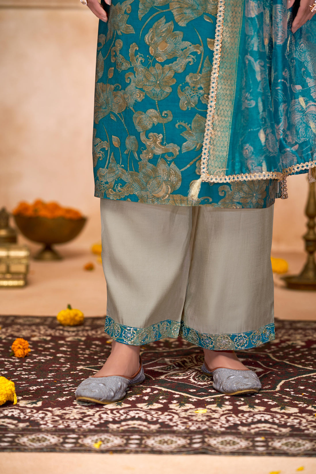 Shehnaaz Rama Hand Embellished Zari, Sequins & Moti Neck Work Suit Set with Tassel Detail in Chanderi Silk with Pure Cotton Mul Lining