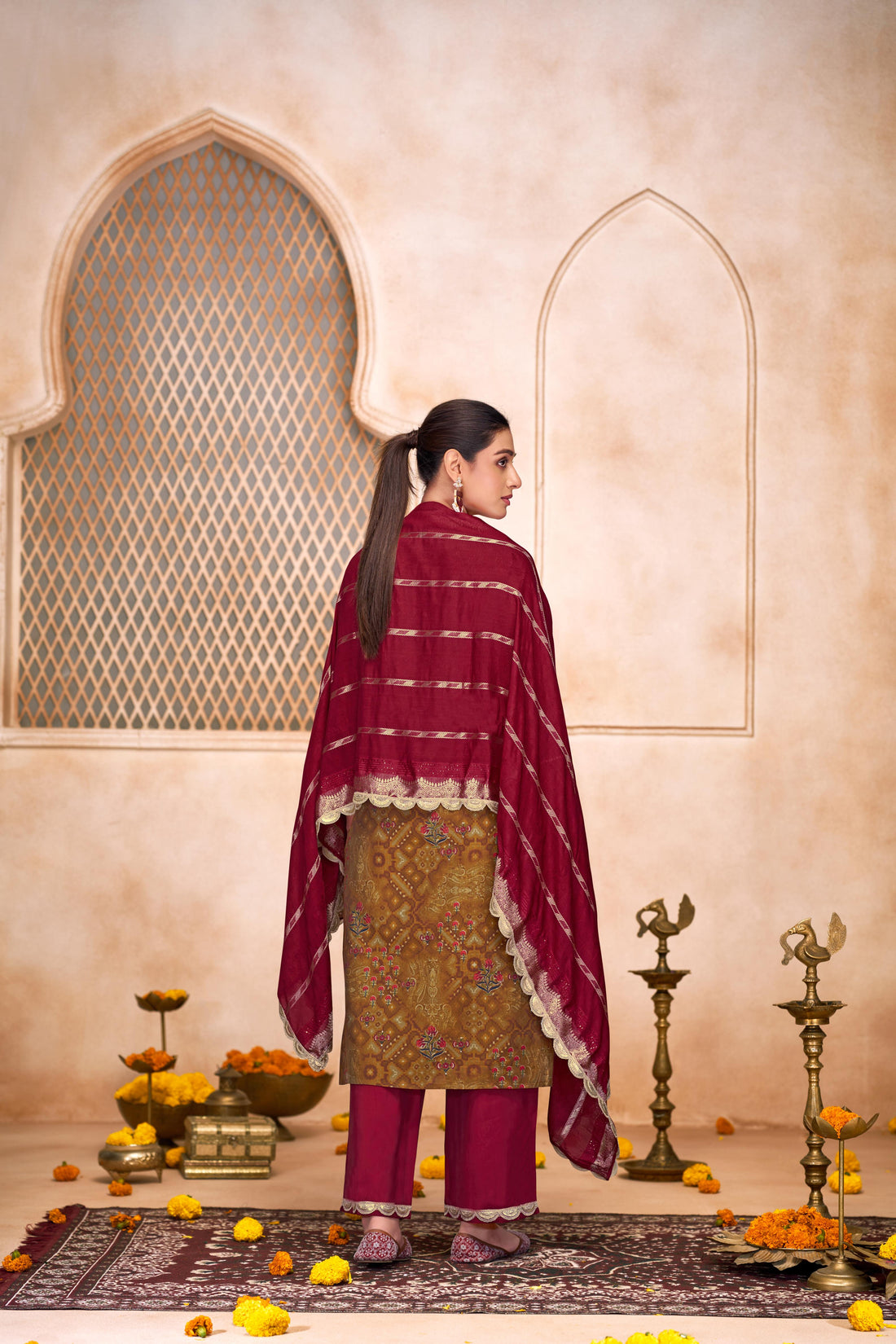 Shehnaaz Brown Hand Embroidered and Sequins Embellished Suit Set with Lace Border Detail in Chanderi Silk with Pure Cotton Mul Lining