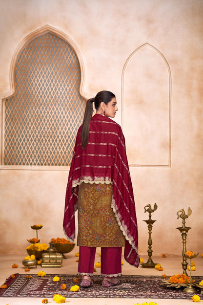 Shehnaaz Brown Hand Embroidered and Sequins Embellished Suit Set with Lace Border Detail in Chanderi Silk with Pure Cotton Mul Lining