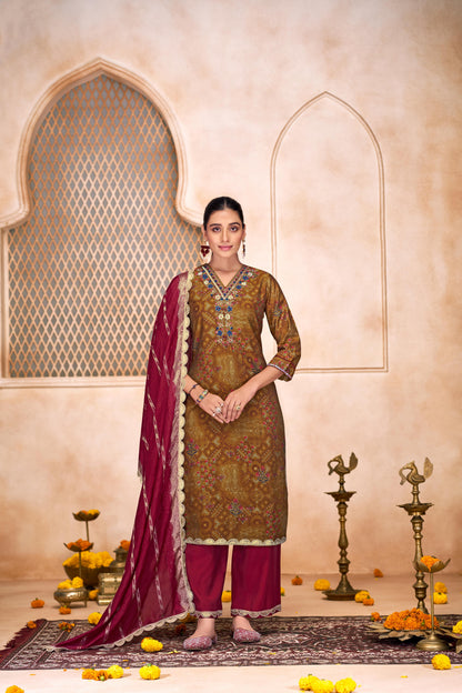 Shehnaaz Brown Hand Embroidered and Sequins Embellished Suit Set with Lace Border Detail in Chanderi Silk with Pure Cotton Mul Lining
