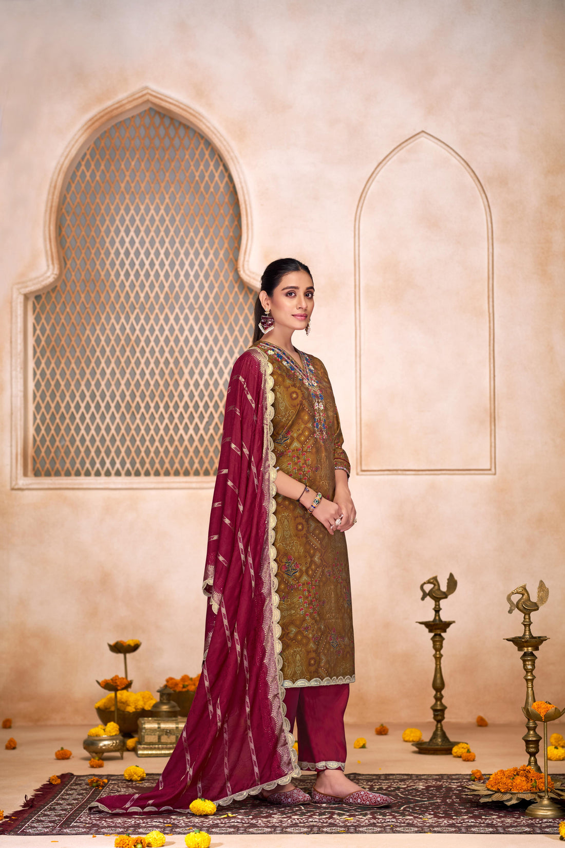 Shehnaaz Brown Hand Embroidered and Sequins Embellished Suit Set with Lace Border Detail in Chanderi Silk with Pure Cotton Mul Lining