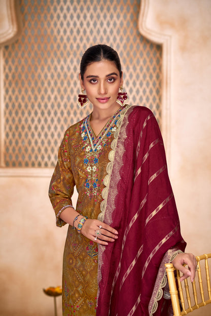 Shehnaaz Brown Hand Embroidered and Sequins Embellished Suit Set with Lace Border Detail in Chanderi Silk with Pure Cotton Mul Lining