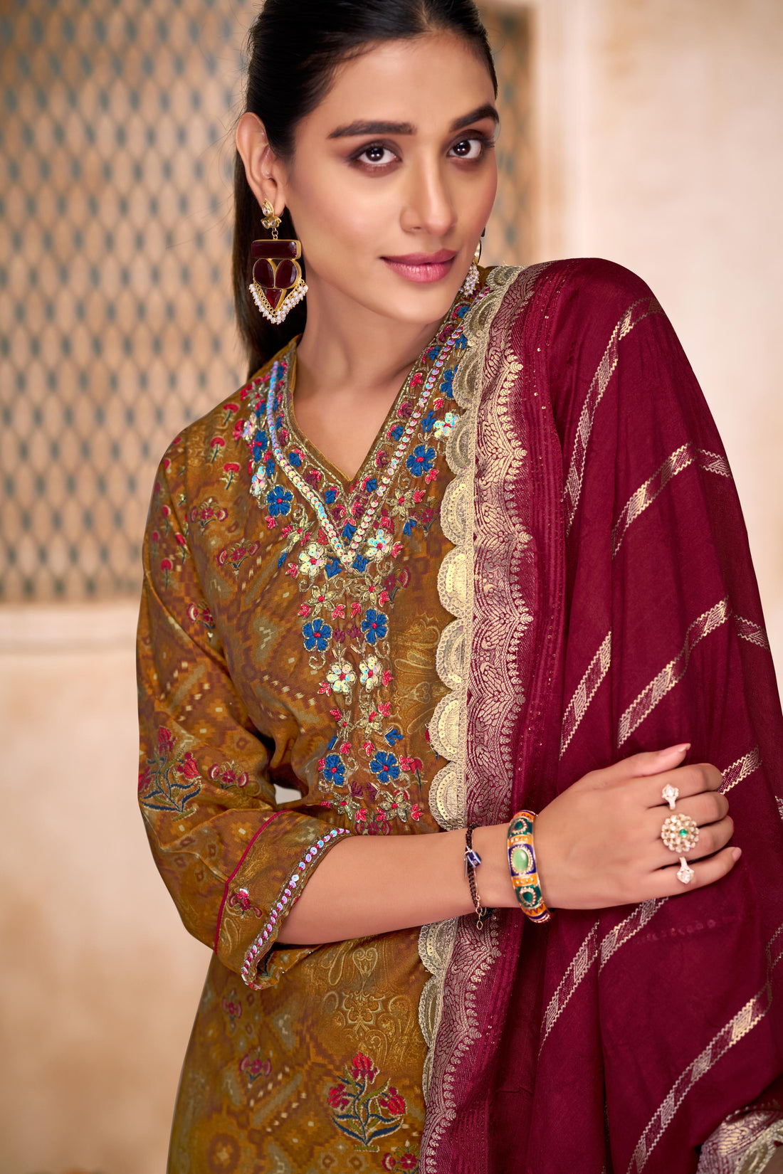 Shehnaaz Brown Hand Embroidered and Sequins Embellished Suit Set with Lace Border Detail in Chanderi Silk with Pure Cotton Mul Lining
