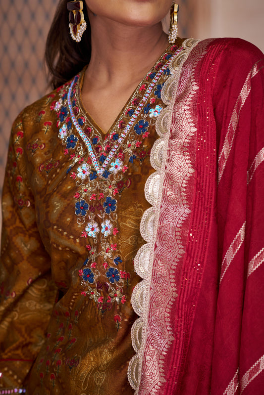 Shehnaaz Brown Hand Embroidered and Sequins Embellished Suit Set with Lace Border Detail in Chanderi Silk with Pure Cotton Mul Lining