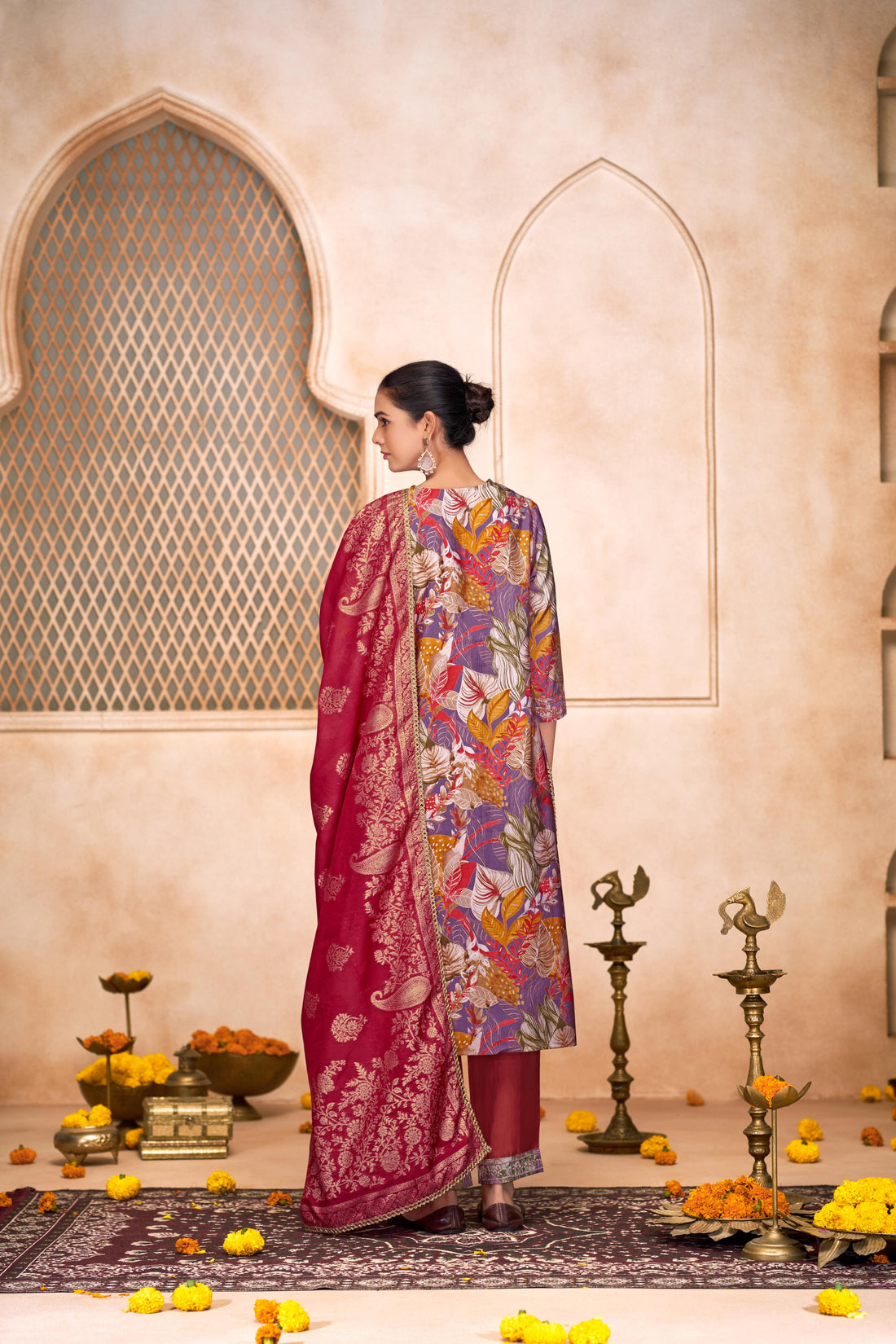 Shehnaaz Purple Floral Printed Hand Beaded and Sequins Embellished Suit Set with Zari Neck Detailing in Chanderi Silk with Pure Cotton Mul Lining