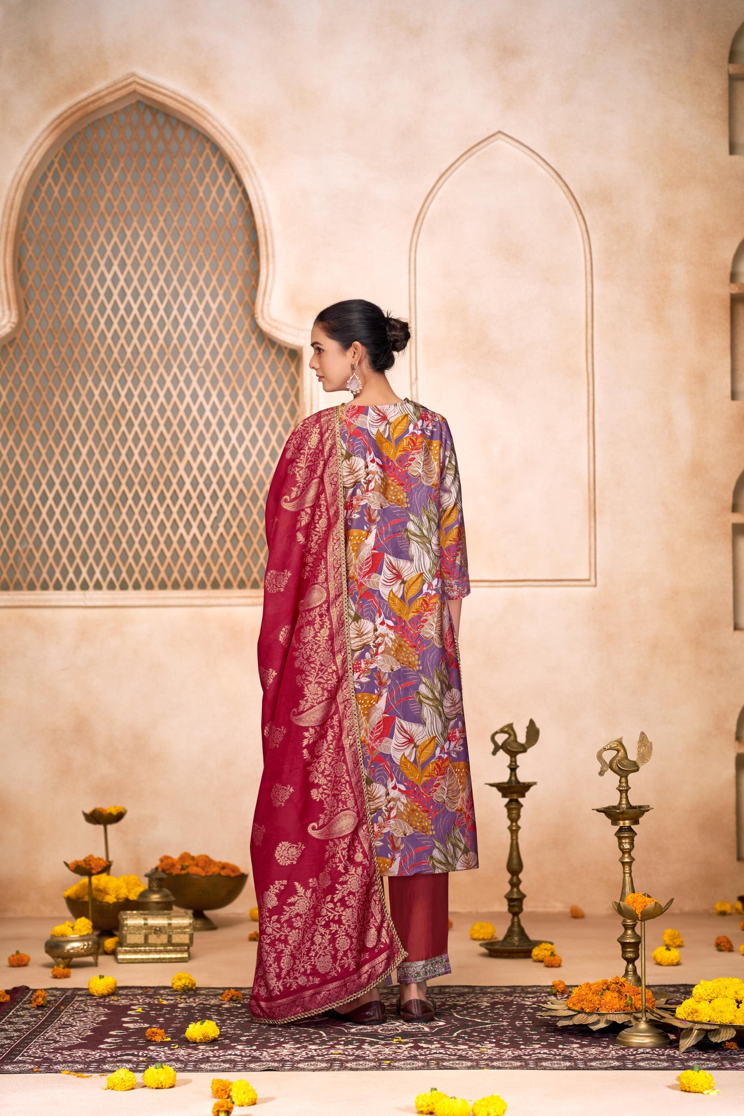 Shehnaaz Purple Floral Leaf Printed Kurta Set With Dupatta