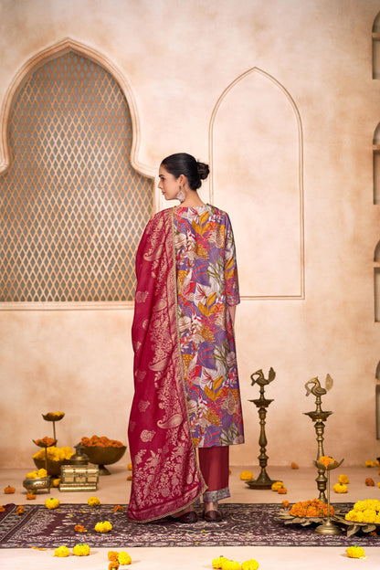 Shehnaaz Purple Floral Printed Hand Beaded and Sequins Embellished Suit Set with Zari Neck Detailing in Chanderi Silk with Pure Cotton Mul Lining
