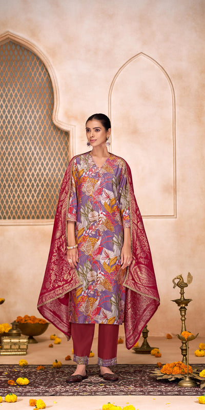 Shehnaaz Purple Floral Leaf Printed Kurta Set With Dupatta