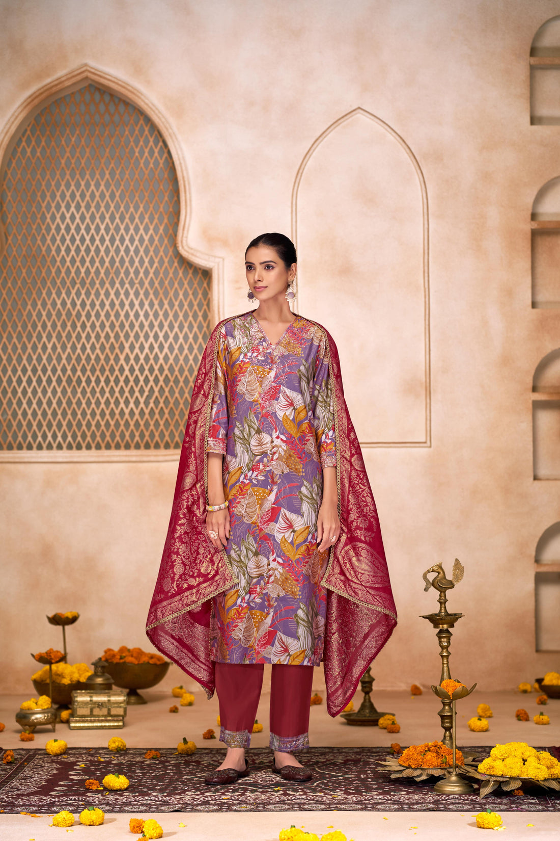 Shehnaaz Purple Floral Printed Hand Beaded and Sequins Embellished Suit Set with Zari Neck Detailing in Chanderi Silk with Pure Cotton Mul Lining