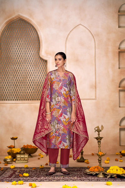 Shehnaaz Purple Floral Leaf Printed Kurta Set With Dupatta