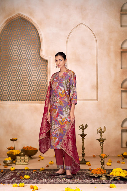 Shehnaaz Purple Floral Printed Hand Beaded and Sequins Embellished Suit Set with Zari Neck Detailing in Chanderi Silk with Pure Cotton Mul Lining