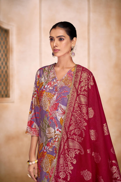 Shehnaaz Purple Floral Printed Hand Beaded and Sequins Embellished Suit Set with Zari Neck Detailing in Chanderi Silk with Pure Cotton Mul Lining