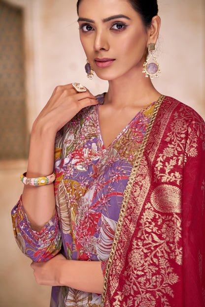 Shehnaaz Purple Floral Printed Hand Beaded and Sequins Embellished Suit Set with Zari Neck Detailing in Chanderi Silk with Pure Cotton Mul Lining