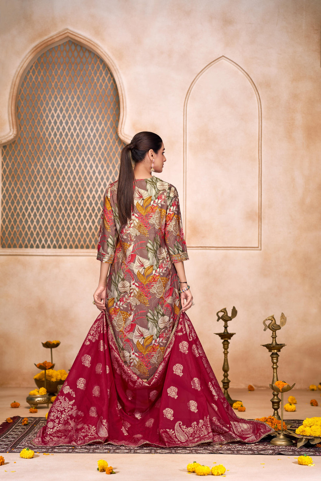 Shehnaaz Brown Floral Printed Hand Beaded and Sequins Embellished Suit Set with Zari Neck Detailing in Chanderi Silk with Pure Cotton Mul Lining