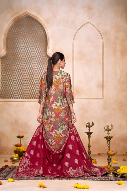 Shehnaaz Brown Floral Printed Hand Beaded and Sequins Embellished Suit Set with Zari Neck Detailing in Chanderi Silk with Pure Cotton Mul Lining