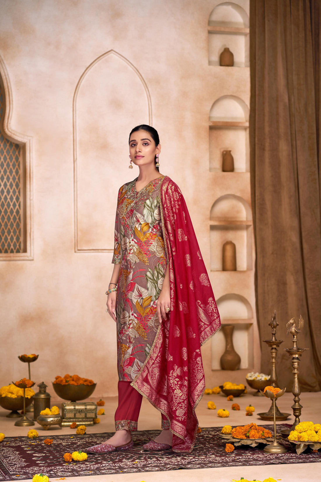 Shehnaaz Brown Floral Printed Hand Beaded and Sequins Embellished Suit Set with Zari Neck Detailing in Chanderi Silk with Pure Cotton Mul Lining