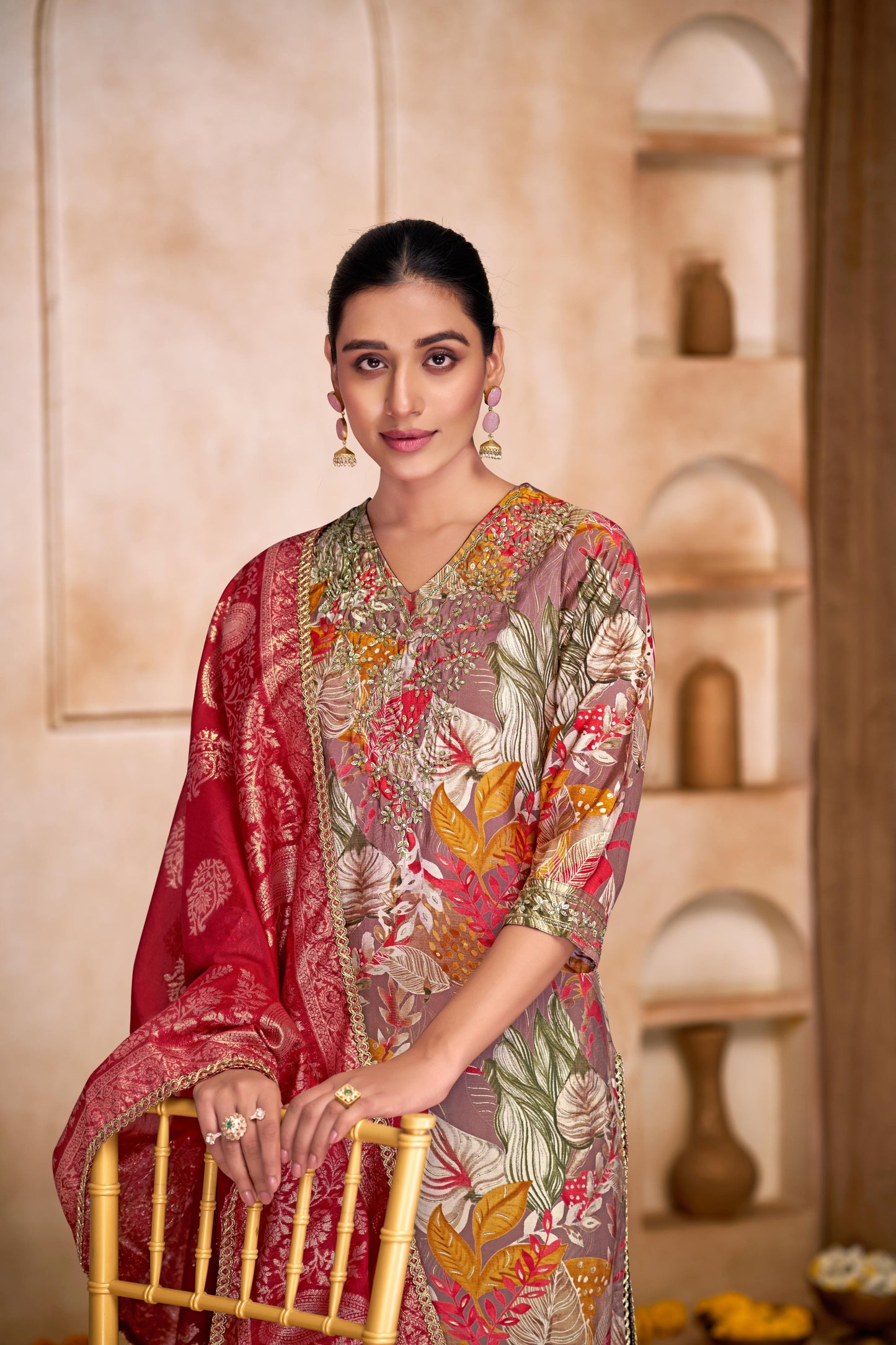 Shehnaaz Brown Floral Leaf Printed Kurta Set With Dupatta