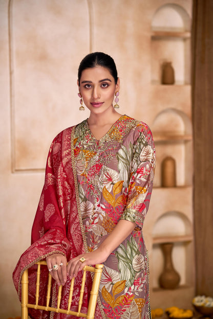 Shehnaaz Brown Floral Printed Hand Beaded and Sequins Embellished Suit Set with Zari Neck Detailing in Chanderi Silk with Pure Cotton Mul Lining