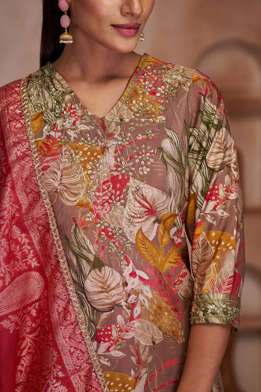 Shehnaaz Brown Floral Printed Hand Beaded and Sequins Embellished Suit Set with Zari Neck Detailing in Chanderi Silk with Pure Cotton Mul Lining