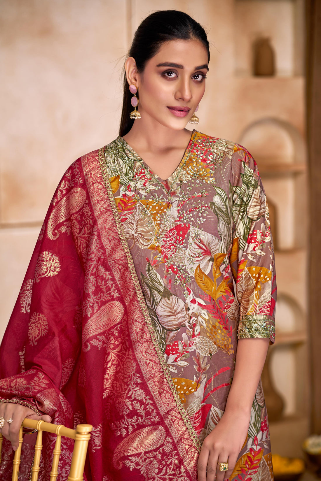 Shehnaaz Brown Floral Printed Hand Beaded and Sequins Embellished Suit Set with Zari Neck Detailing in Chanderi Silk with Pure Cotton Mul Lining