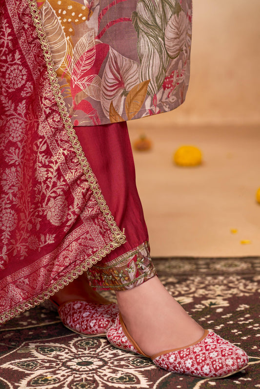 Shehnaaz Brown Floral Printed Hand Beaded and Sequins Embellished Suit Set with Zari Neck Detailing in Chanderi Silk with Pure Cotton Mul Lining