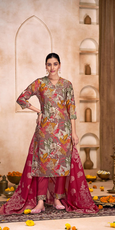 Shehnaaz Brown Floral Leaf Printed Kurta Set With Dupatta