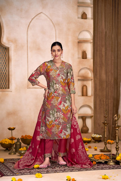 Shehnaaz Brown Floral Printed Hand Beaded and Sequins Embellished Suit Set with Zari Neck Detailing in Chanderi Silk with Pure Cotton Mul Lining