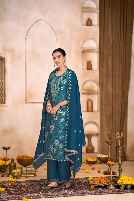 Shehnaaz Blue Floral Hand Embellished Suit Set with Beads, Glass Bugle, Pearl & Sequins Patti Work in Chanderi Silk with Pure Cotton Mul Lining