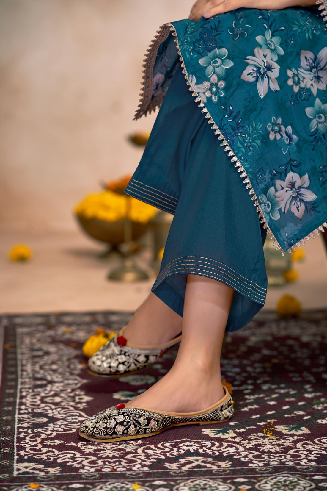 Shehnaaz Blue Floral Hand Embellished Suit Set with Beads, Glass Bugle, Pearl & Sequins Patti Work in Chanderi Silk with Pure Cotton Mul Lining