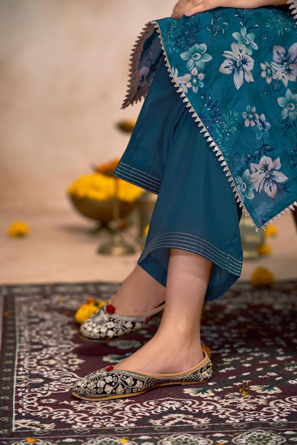 Shehnaaz Blue Floral Hand Embellished Suit Set with Beads, Glass Bugle, Pearl & Sequins Patti Work in Chanderi Silk with Pure Cotton Mul Lining